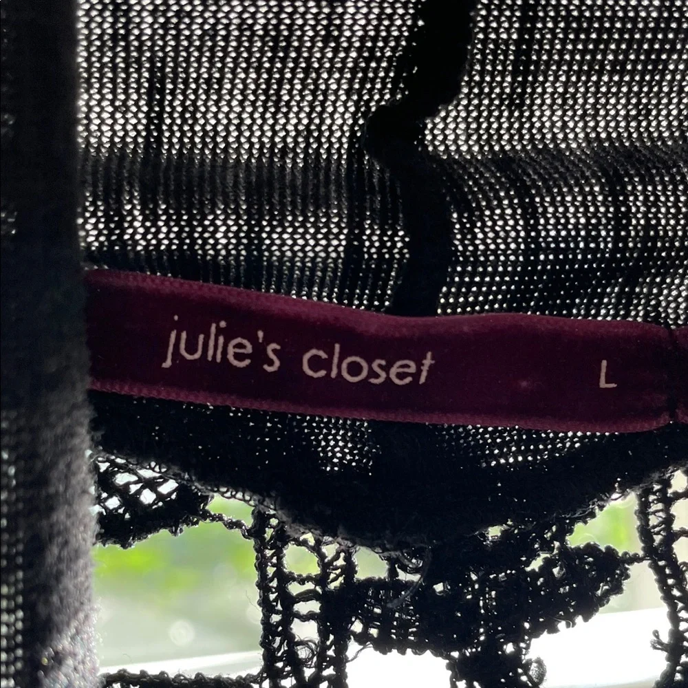 JULIE’S CLOSET Chic Black Sheer Cardigan W Back Lace details Like New SZ L